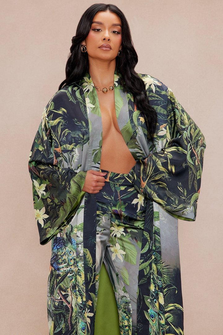 Kamaria Satin Kimono Set - Green/combo