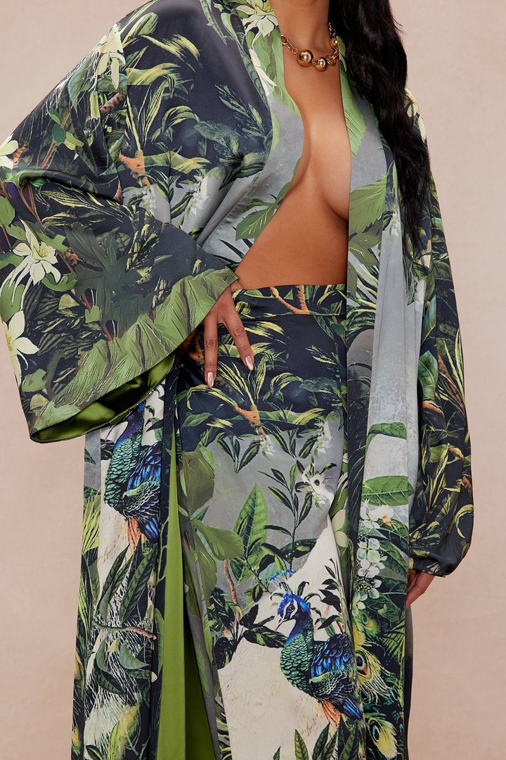 Kamaria Satin Kimono Set - Green/combo