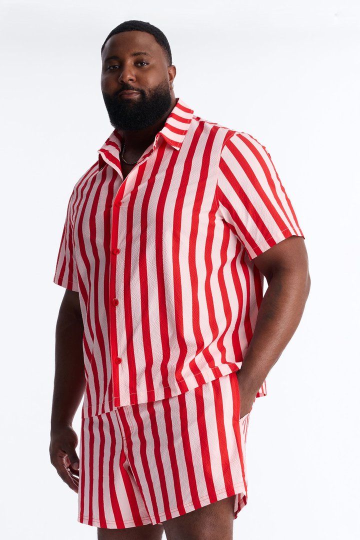 Striped Party Seersucker Button Up Shirt - Red