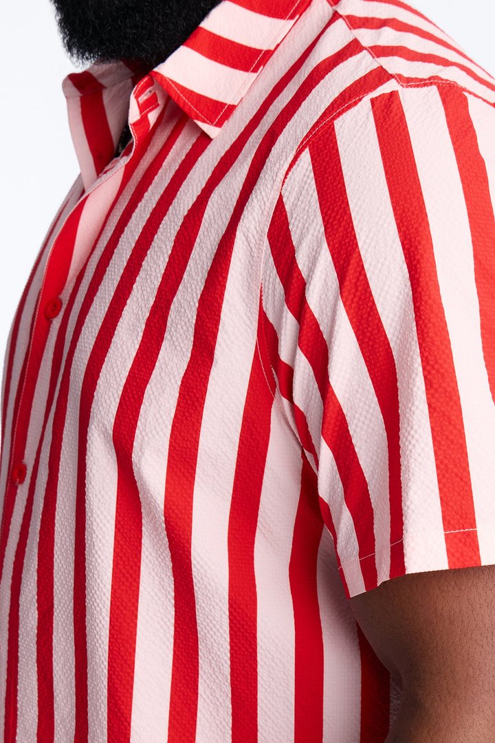 Striped Party Seersucker Button Up Shirt - Red