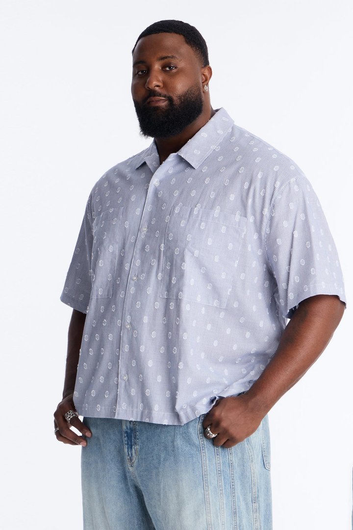 Boxy Static Oval Pinstripe Button Up Shirt - Blue