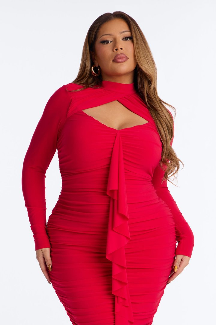 Liliana Ruched Ruffle Midi Dress - Red