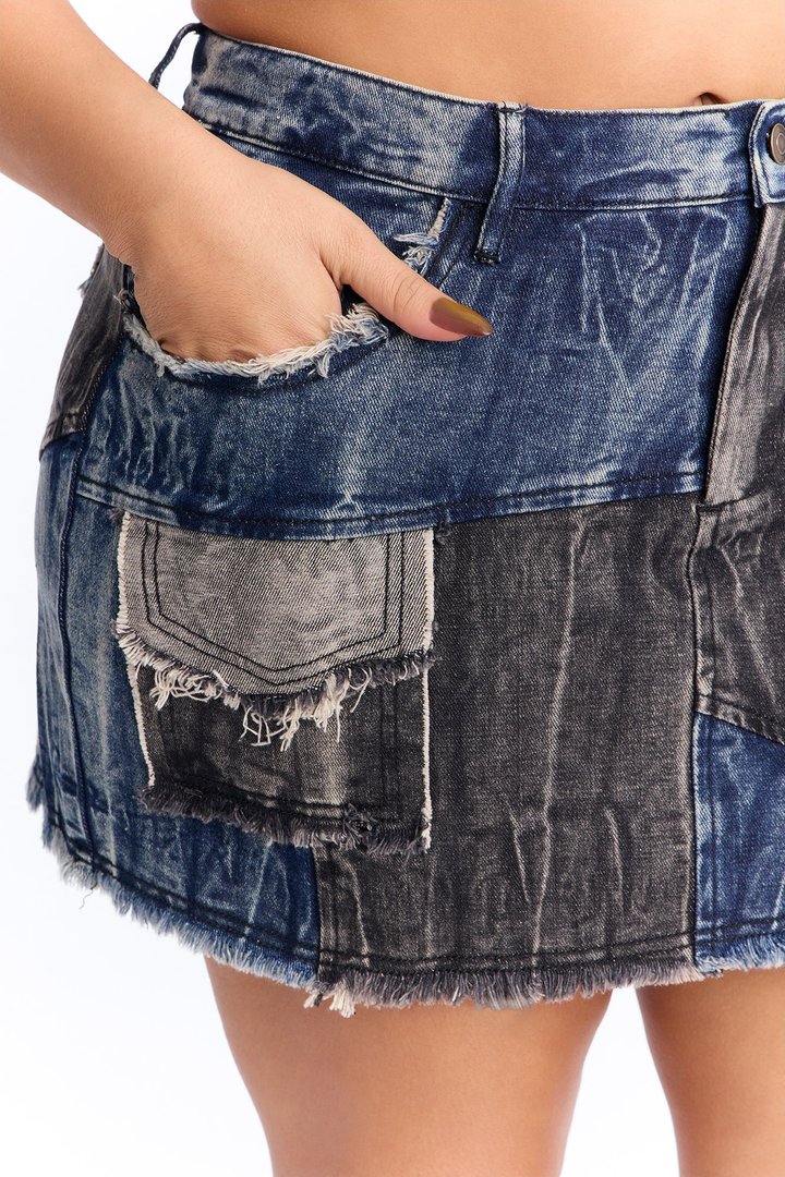Rebel Hero Patchwork Mini Skirt - Dark Wash