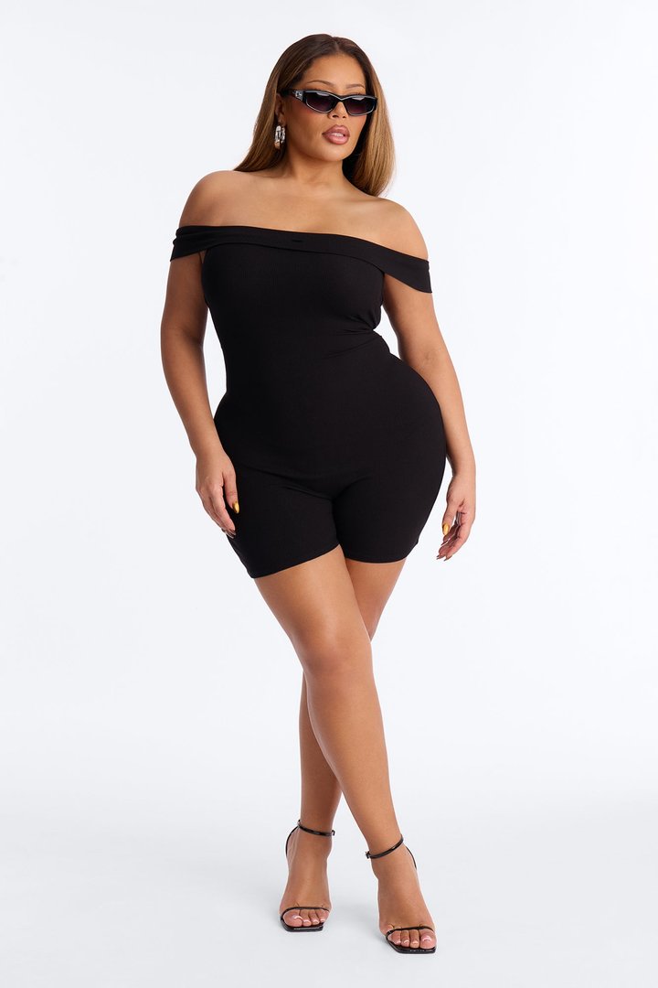 Melody Off Shoulder Ribbed Romper - Black