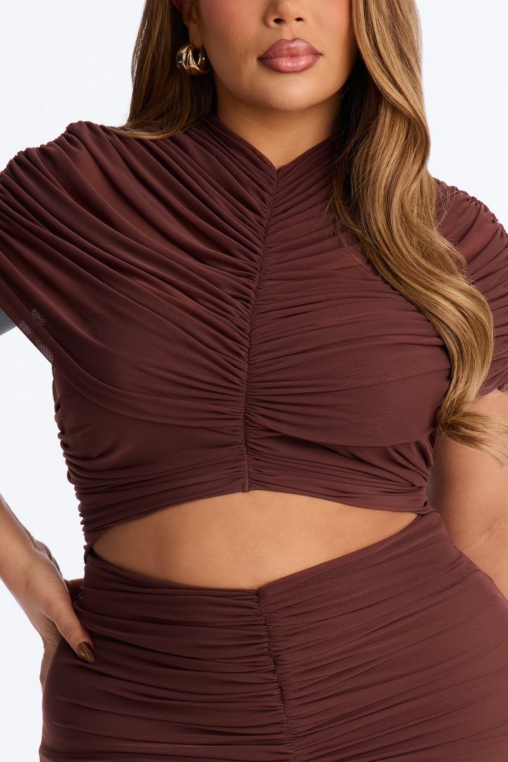 Divine Timing Ruched Mesh Maxi Dress - Chocolate