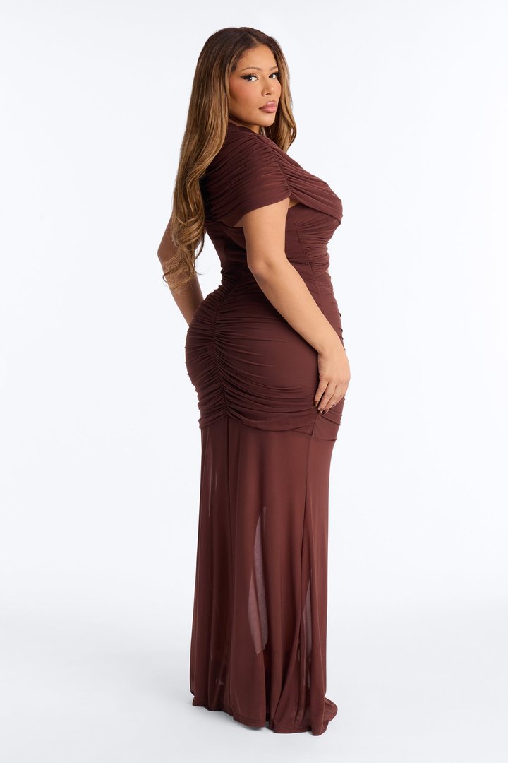 Divine Timing Ruched Mesh Maxi Dress - Chocolate