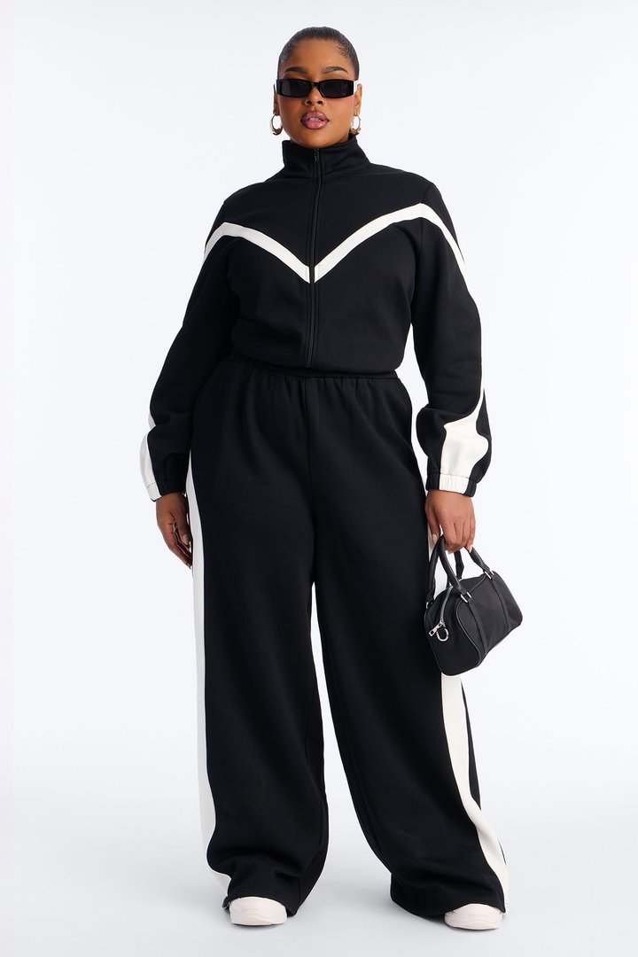 Feel It Out Fleece Wide Leg Jumpsuit - Black/White
