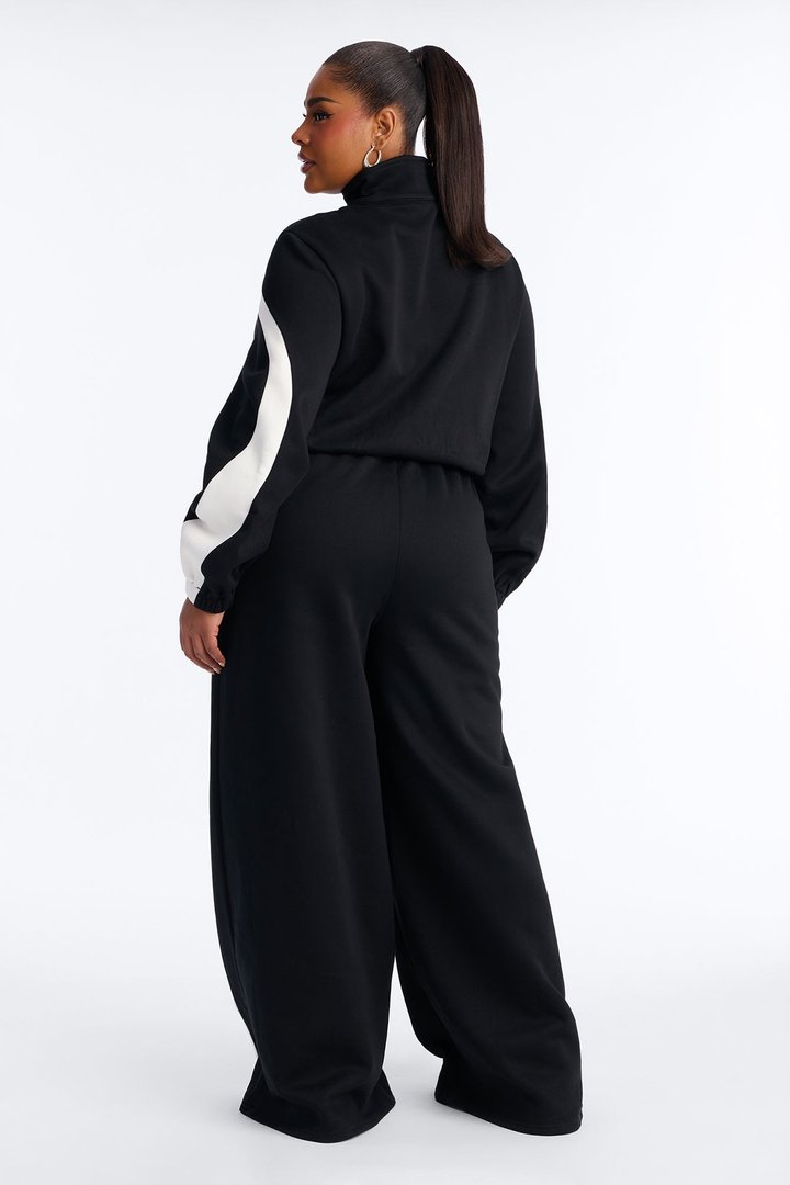 Feel It Out Fleece Wide Leg Jumpsuit - Black/White