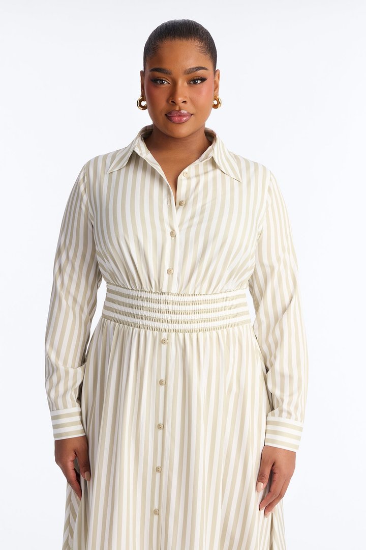 Alison Striped Maxi Shirt Dress - Khaki/combo