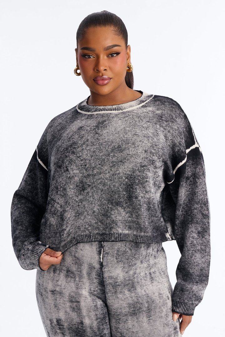 Out Of This World Washed Sweater Wide Leg Pant Set - Black