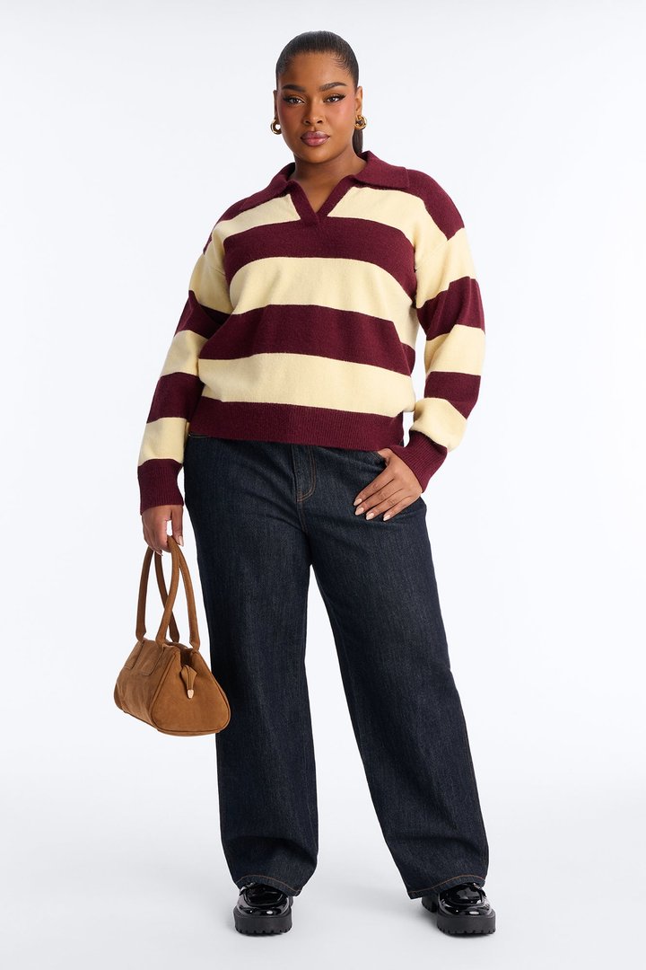 Study Date Collared Striped Sweater - Burgundy/combo