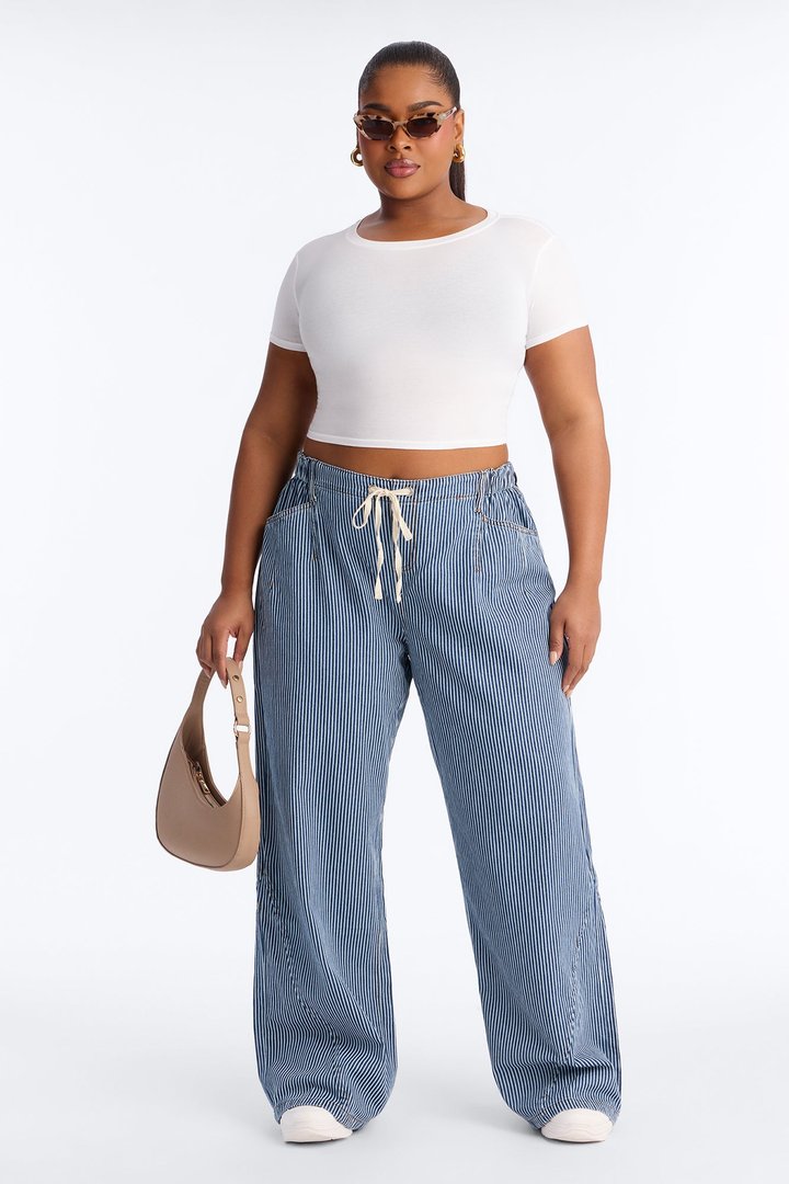 Linden Pinstripe Drapey Drawstring Jeans - Dark Wash