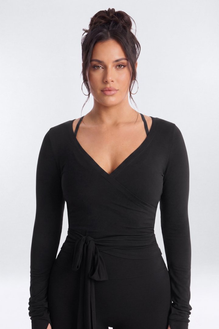 Soft Jersey Surplice Wrap Top - Black