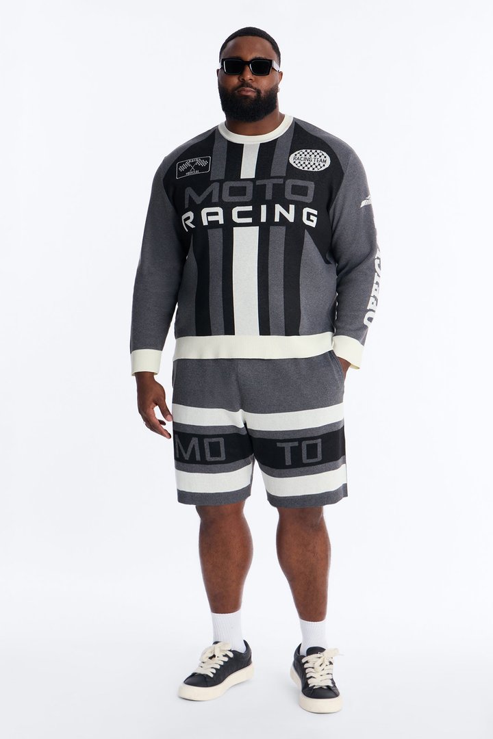 Retro Moto Stripe Sweater Shirt - Grey