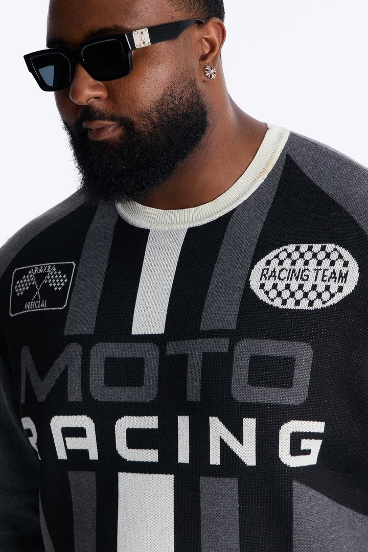 Retro Moto Stripe Sweater Shirt - Grey