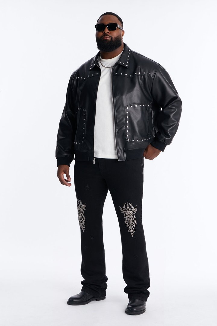 Stacked Skinny Flare Embroidered Saint Jeweled Jean - Black