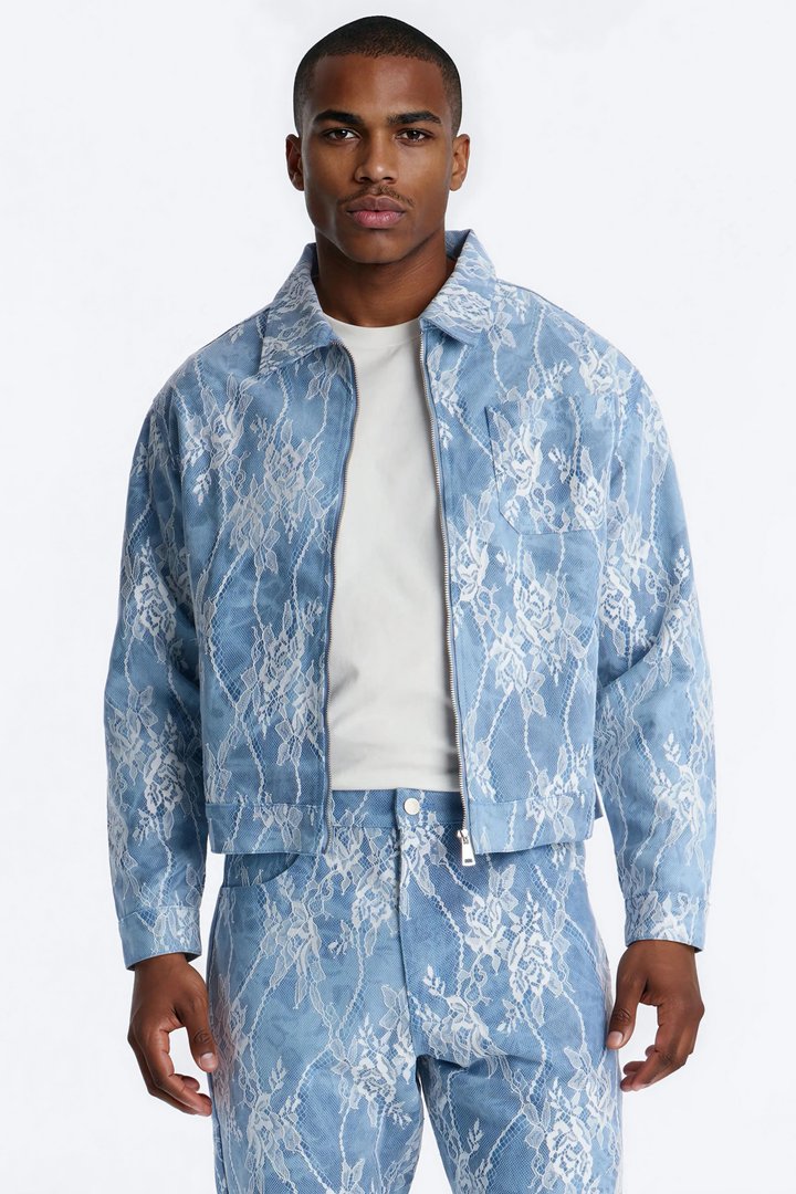 Lace Overlay Zip Denim Jacket - Medium Blue Wash