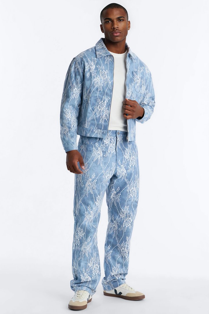 Lace Overlay Zip Denim Jacket - Medium Blue Wash