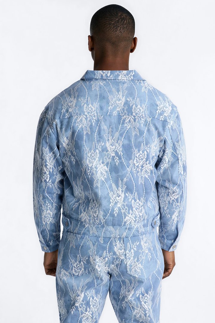 Lace Overlay Zip Denim Jacket - Medium Blue Wash