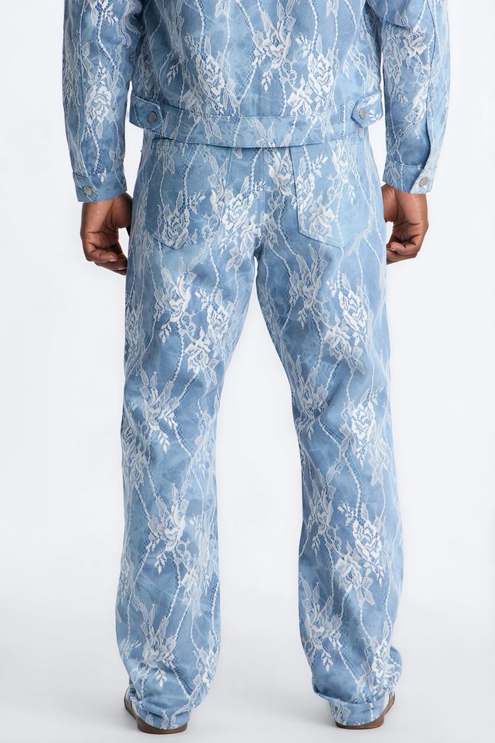 Lace Overlay Straight Jeans - Medium Blue Wash