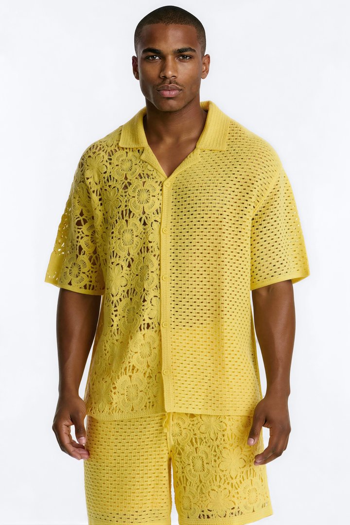 Relaxed Kyros Crochet Button Up Shirt - Yellow