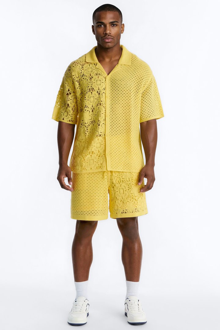 Relaxed Kyros Crochet Button Up Shirt - Yellow