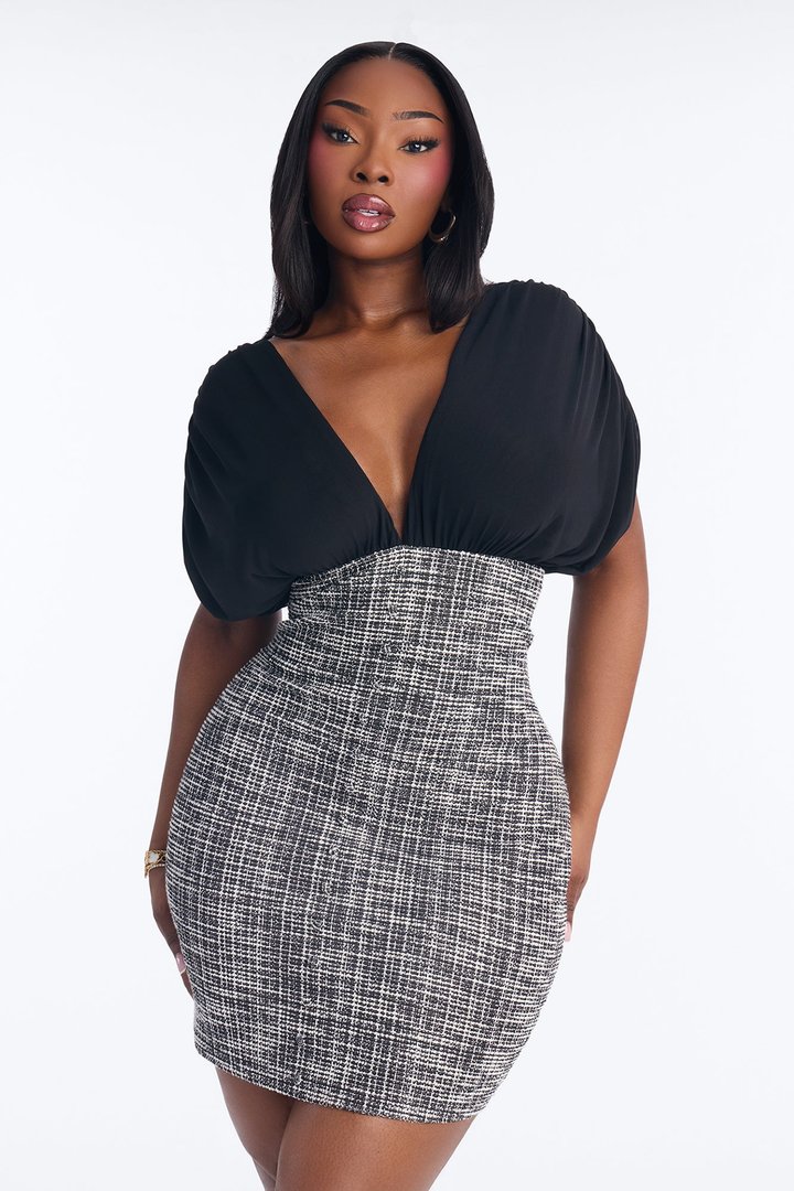 Coraline Short Sleeve Tweed Mini Dress - Black