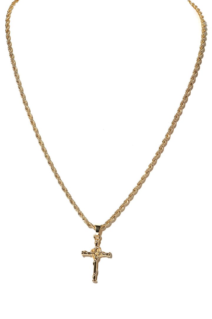 Rose Cross Pendant Chain Necklace - Gold