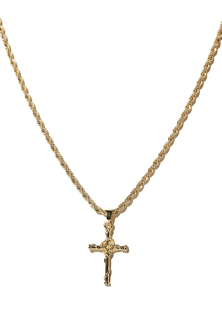 Rose Cross Pendant Chain Necklace - Gold