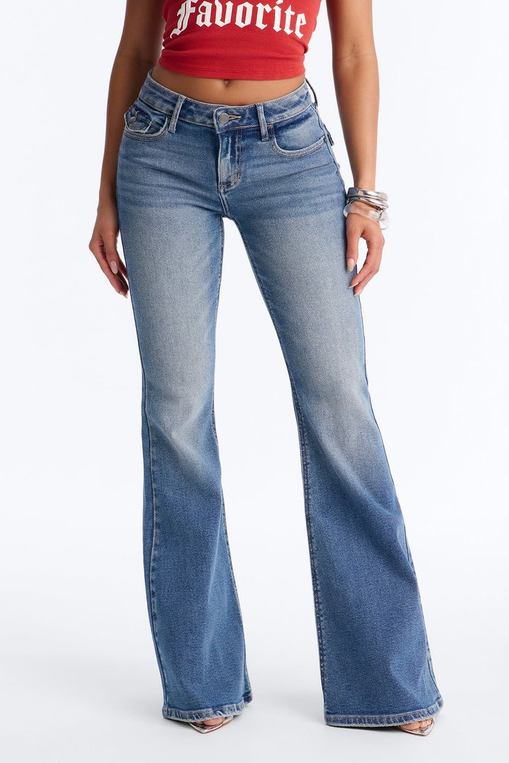 Line Dancer Low Rise Stretch Flare Leg Jeans - Medium Wash