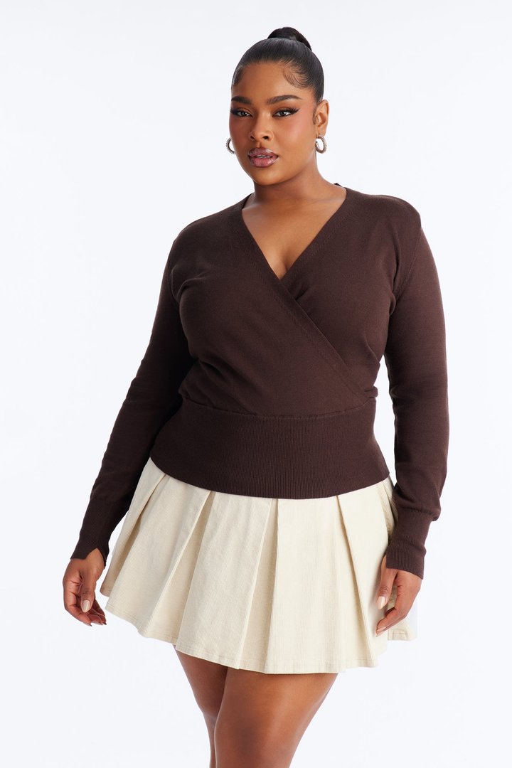 Amelia Shoulder Pads Surplice Sweater Top - Chocolate