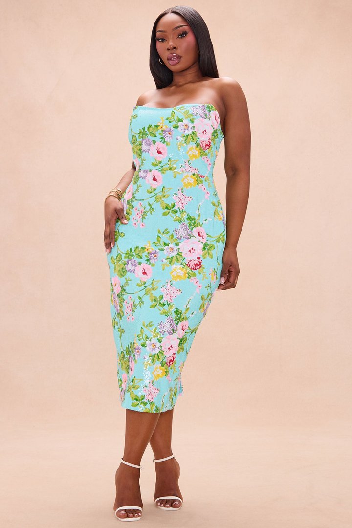 Leah Strapless Sequin Midi Dress - Turquoise/combo