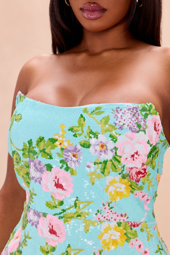 Leah Strapless Sequin Midi Dress - Turquoise/combo