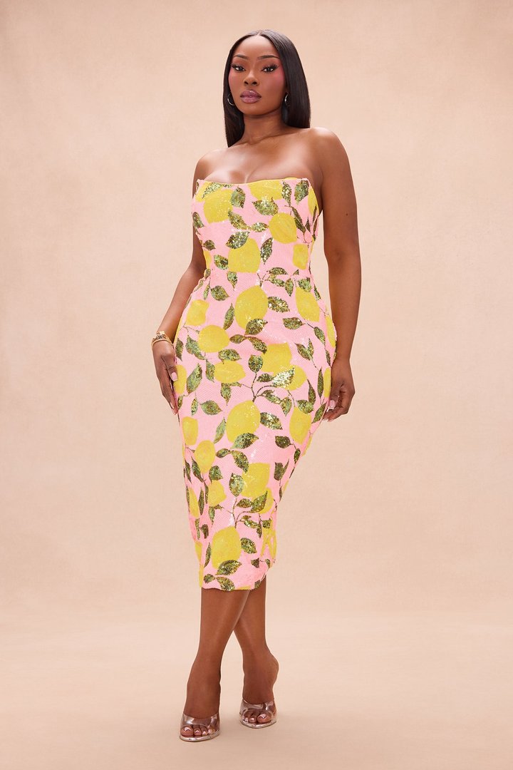 Leah Strapless Sequin Midi Dress - Pink/combo