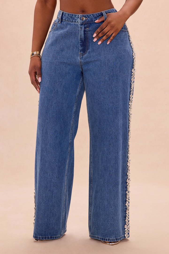 Came To Play Rhinestone Denim Jeans - Vintage Wash