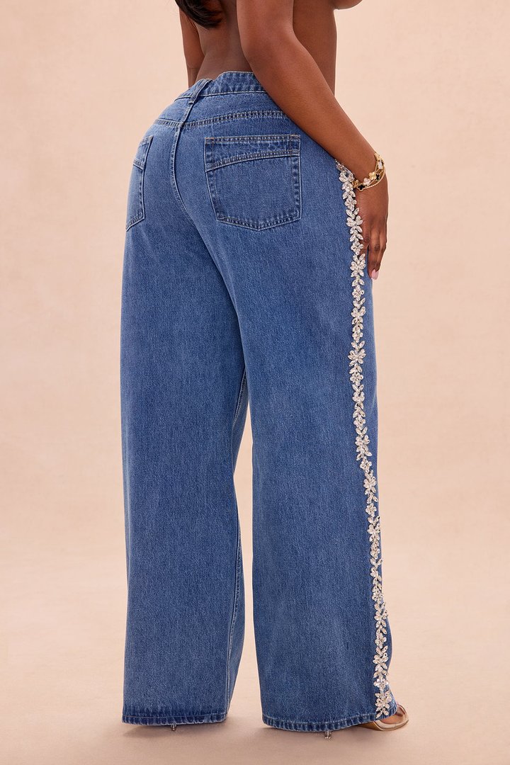 Came To Play Rhinestone Denim Jeans - Vintage Wash