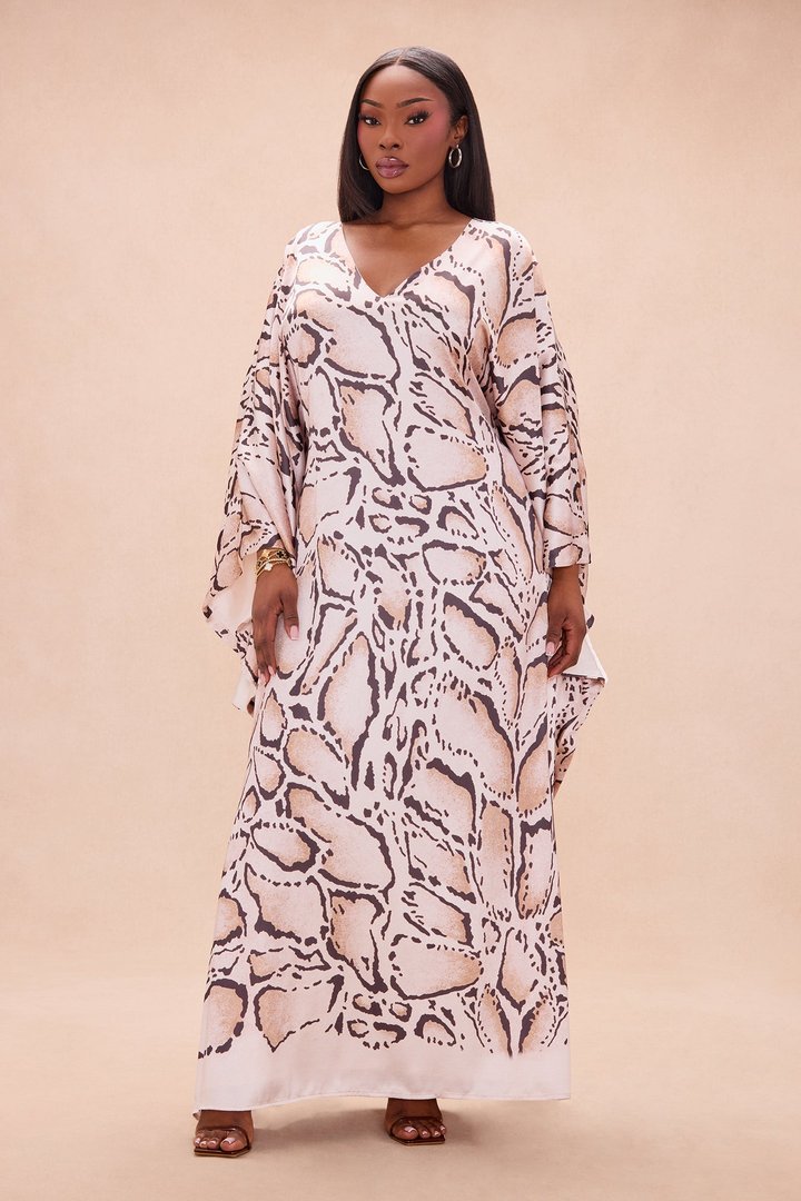 Athens Satin Kaftan Dress - Brown/combo