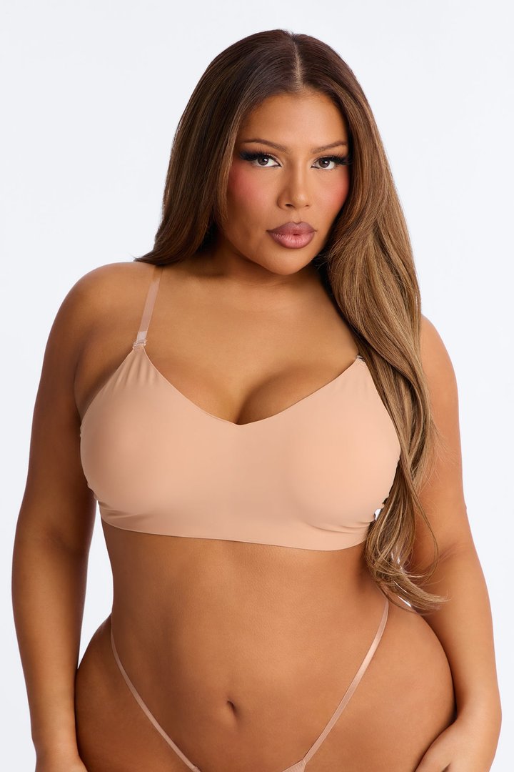 No Show Microfiber Clear Strap Bralette - Nude