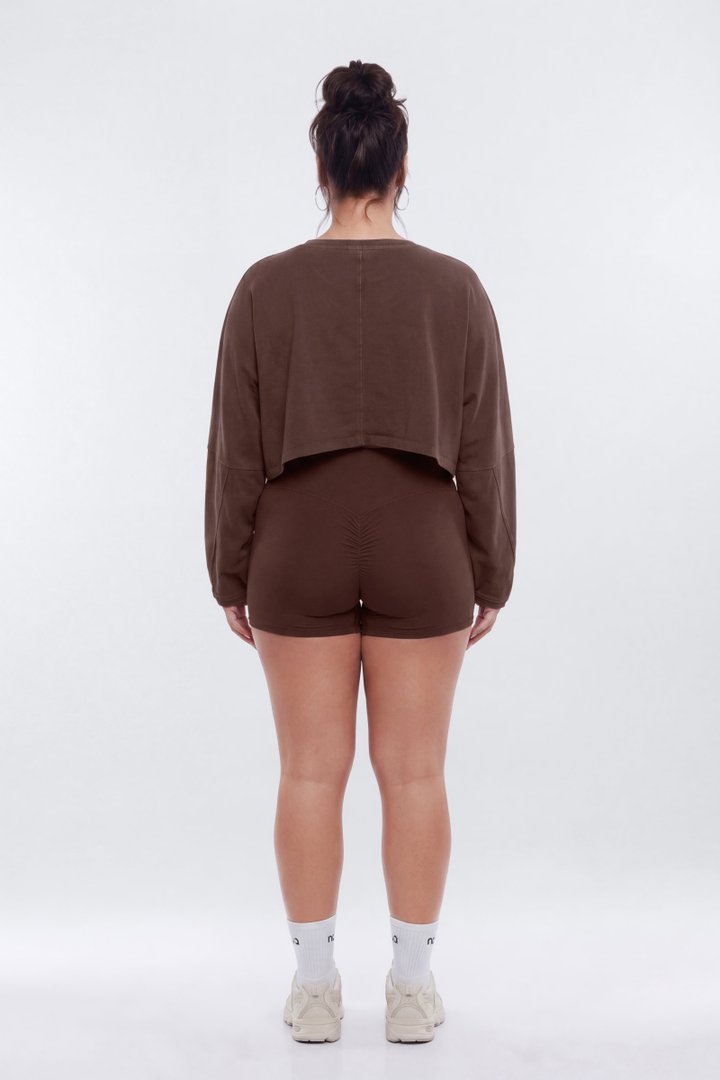Cotton Jersey Long Sleeve Cropped Top - Brown
