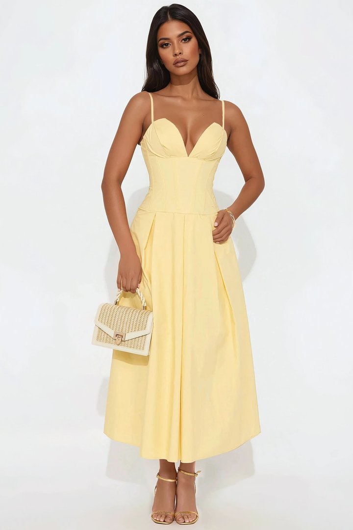 Estella Corset Poplin Midi Dress - Butter Yellow