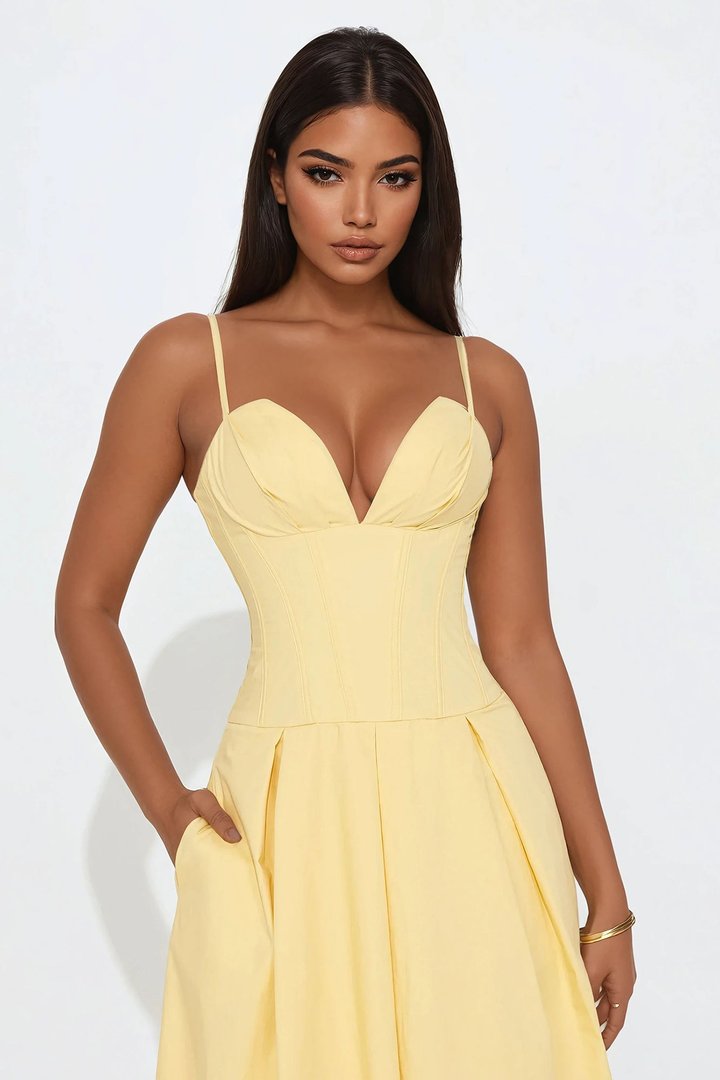 Estella Corset Poplin Midi Dress - Butter Yellow