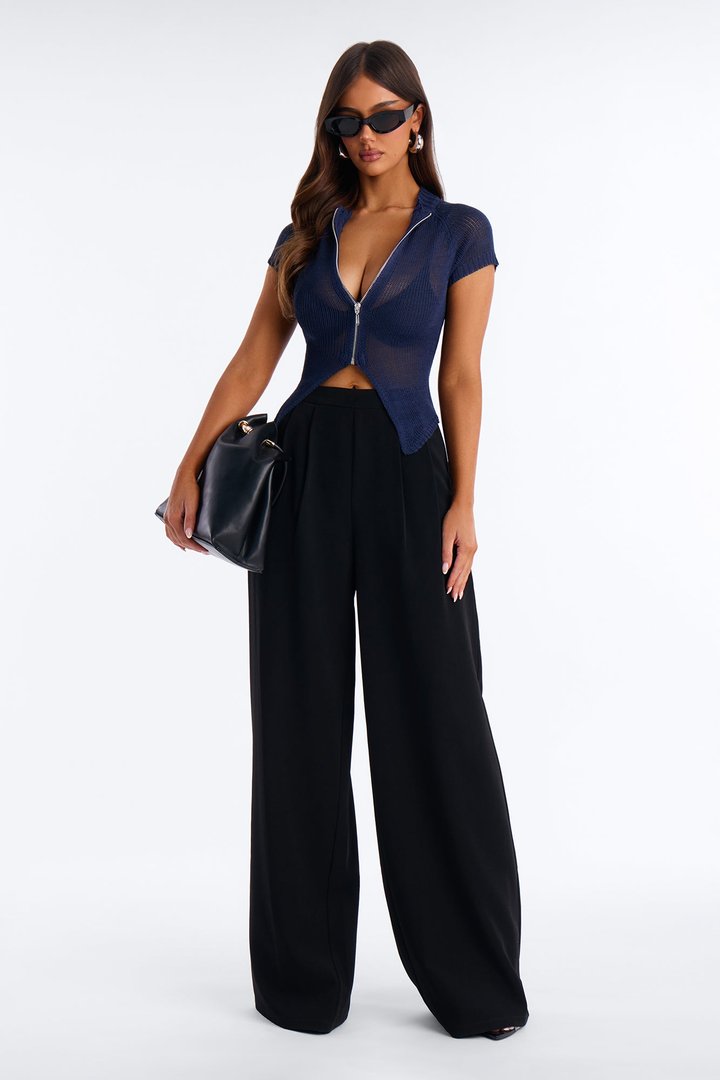 Movie Stars Front Zip CrochetTop - Navy