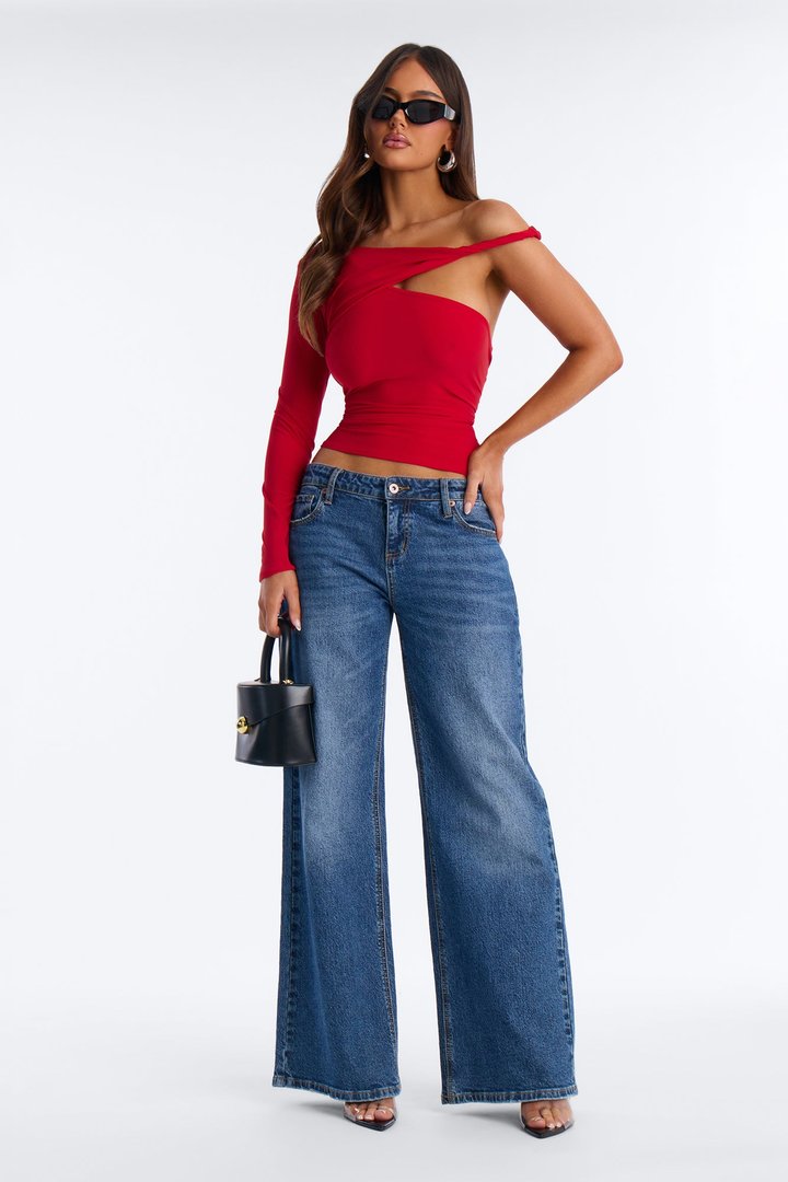 Rachel Off Shoulder Twist Long Sleeve Top - Red