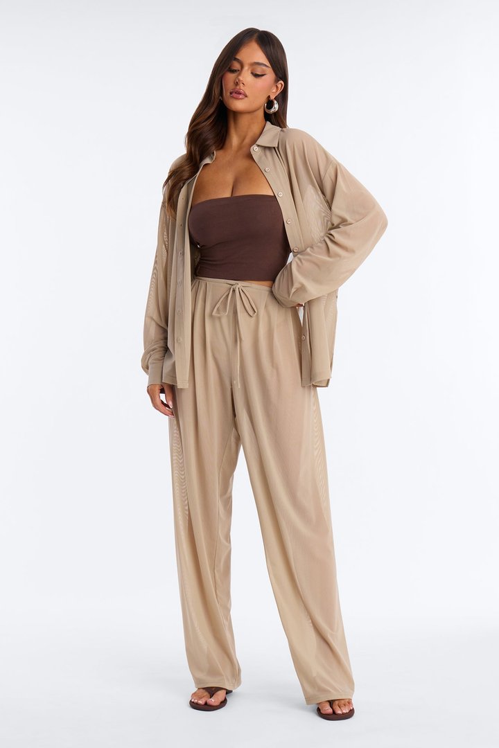 Staying In Mesh Pleated Wide Leg Pant - Taupe