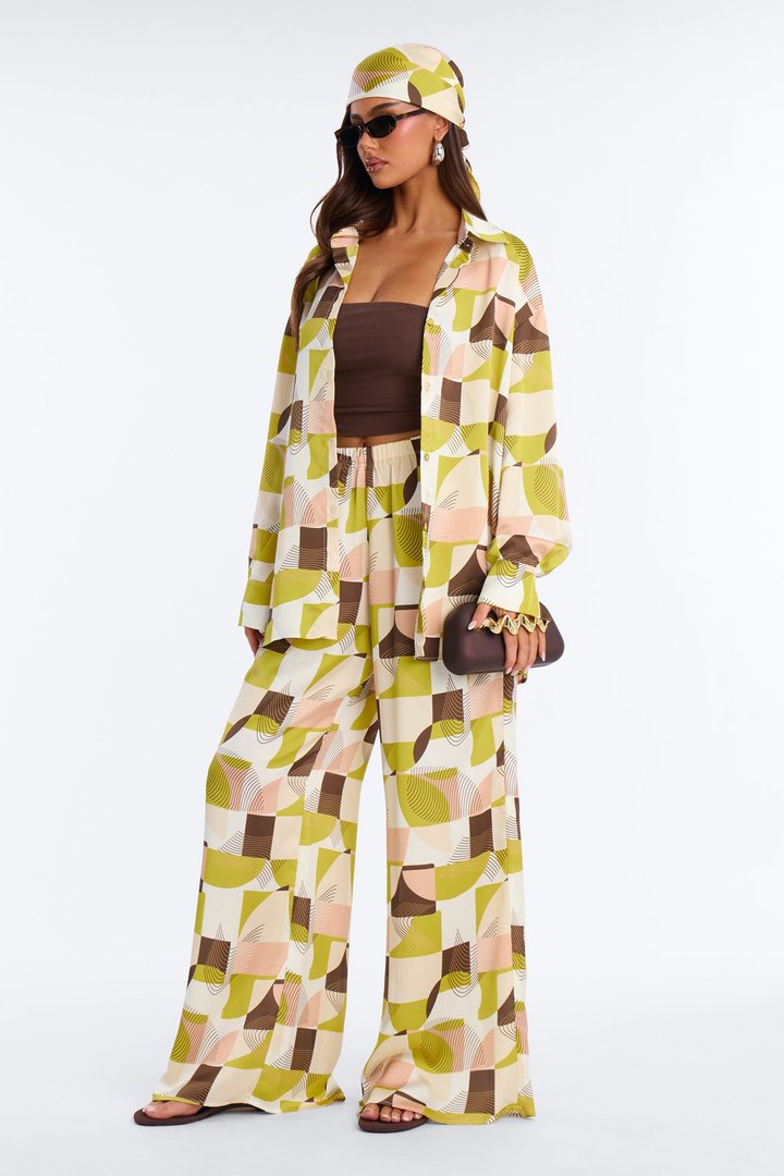 Kelly Satin 3 Piece Wide Leg Pant Set - Green/combo