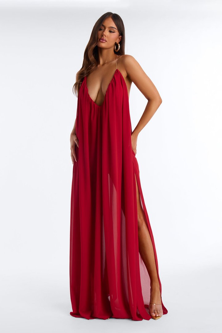All For Me Flowy Chiffon Maxi Dress - Brick Red