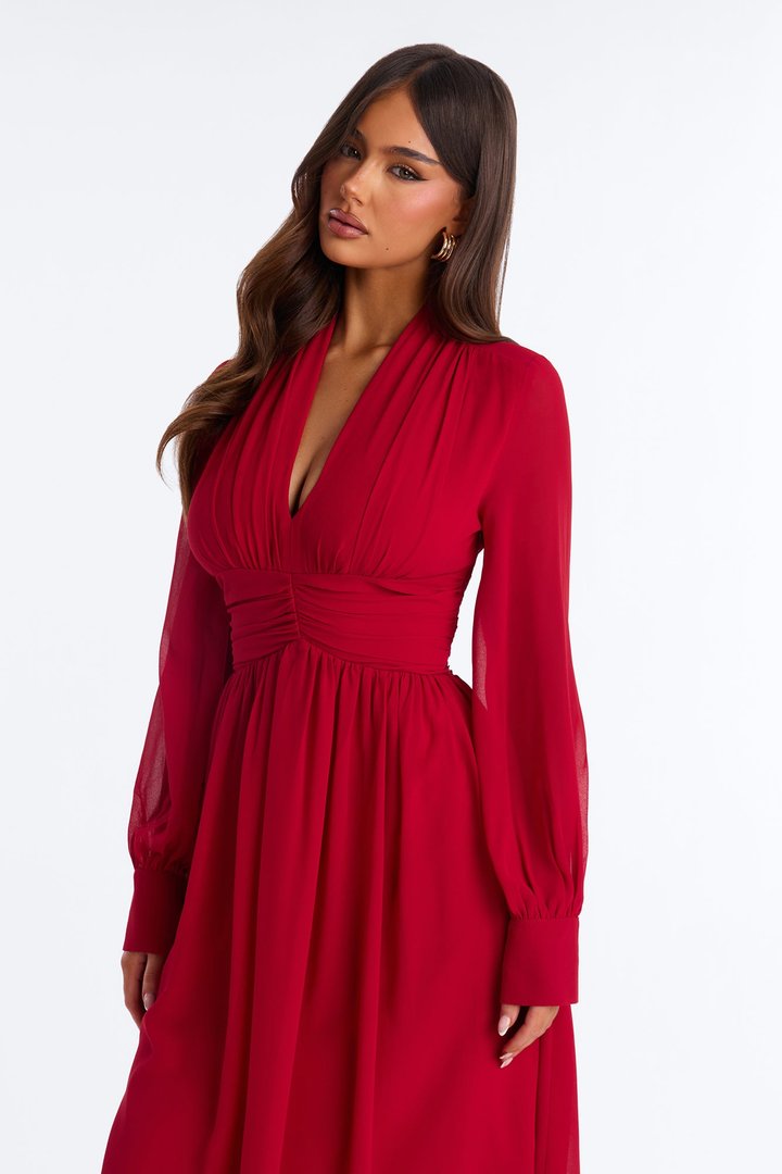 Alia Ruched Chiffon Midi Dress - Red