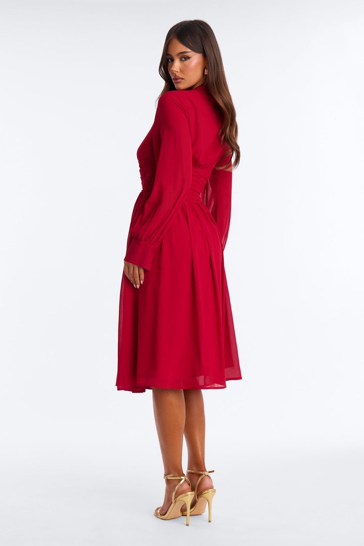 Alia Ruched Chiffon Midi Dress - Red