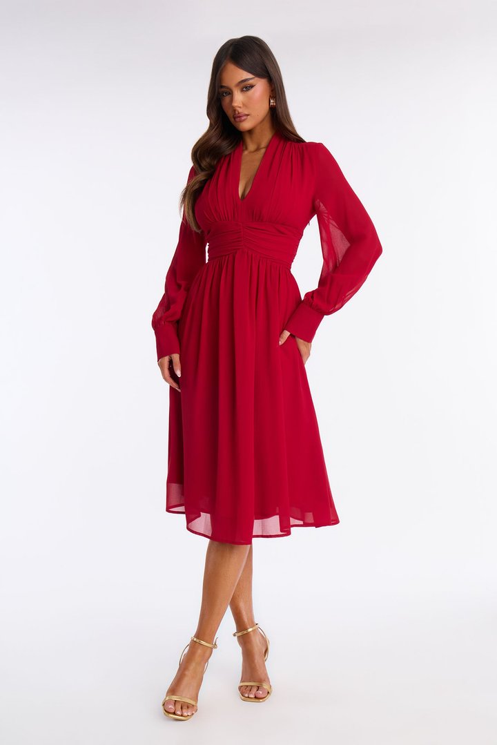 Alia Ruched Chiffon Midi Dress - Red
