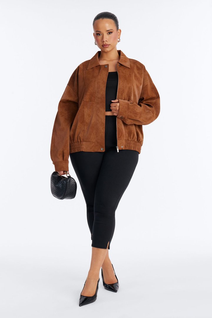 Corey Washed Faux Leather Bomber Jacket - Tan